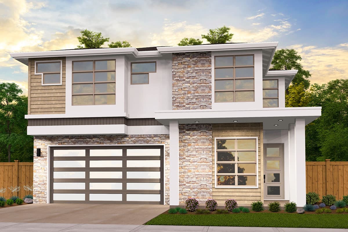 Modern house plan exterior with two stories. Features include a stone accent wall, flat roof, large windows, and an attached garage.
