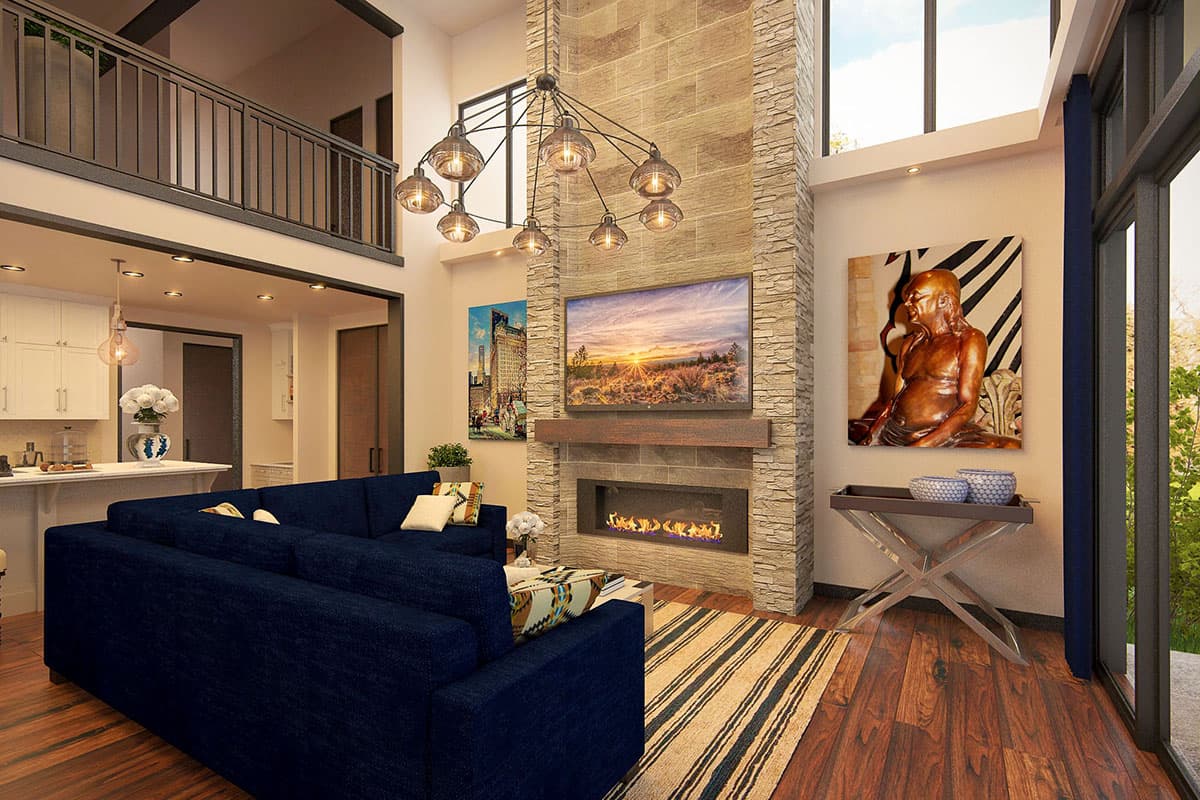 Interior rendering of a great room with a stone fireplace, sectional sofa, open kitchen area, and second-floor balcony.