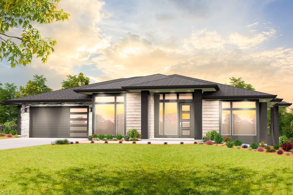 House plan exterior. Modern style, single story home with large windows, covered entry, and attached garage with stone facade.