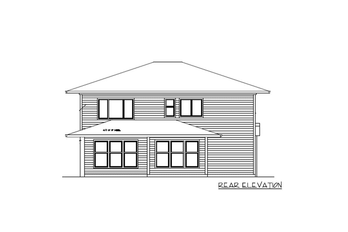 Rear elevation drawing of a two-story house with horizontal siding, a gabled roof, and multiple windows on both levels.