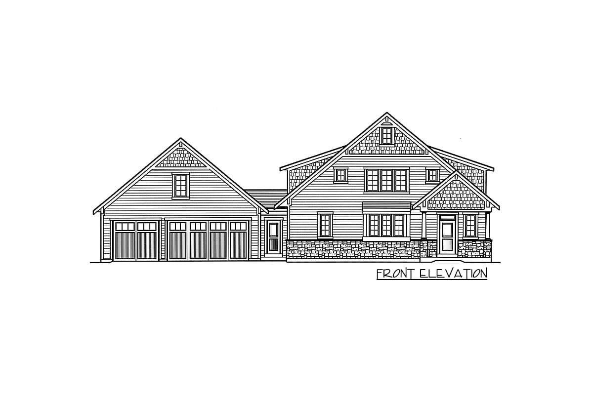 Front elevation drawing of a two-story house plan with a five-car garage, gables, and stone accents.