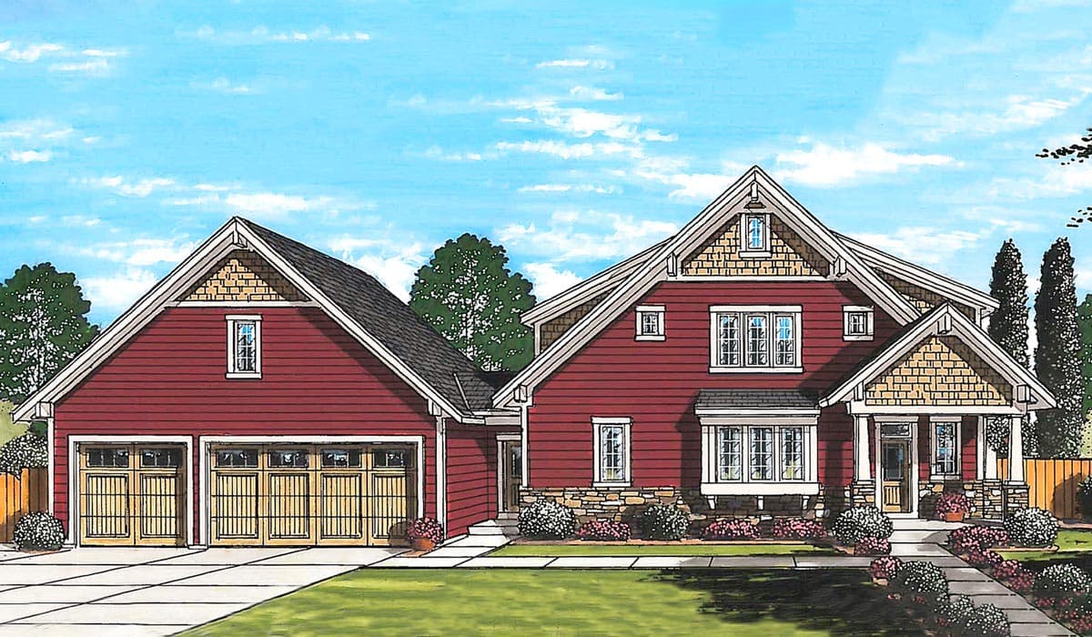 House plan exterior. Craftsman style two-story home with gables, a covered porch, and a two-car garage. Features include stone accents and dormers.