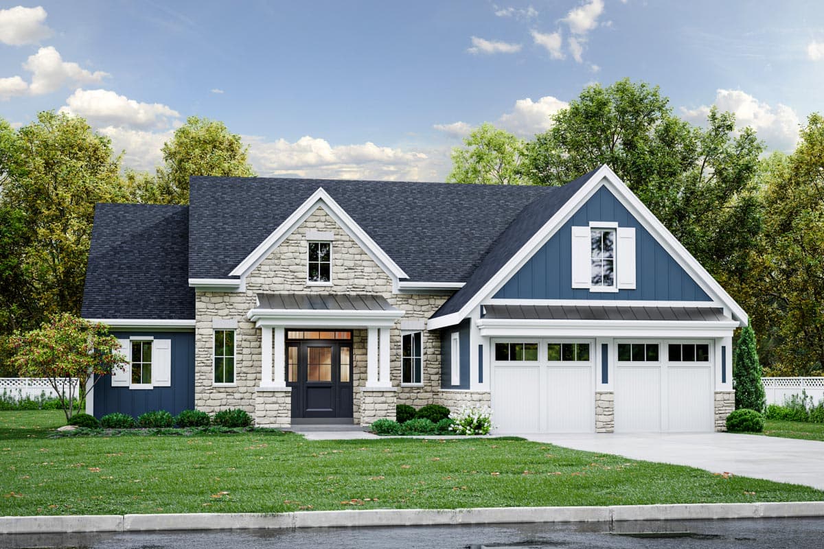 House plan exterior. Two-story home with stone facade, gabled roof, and a three-car garage. Features include a front porch and dormers.