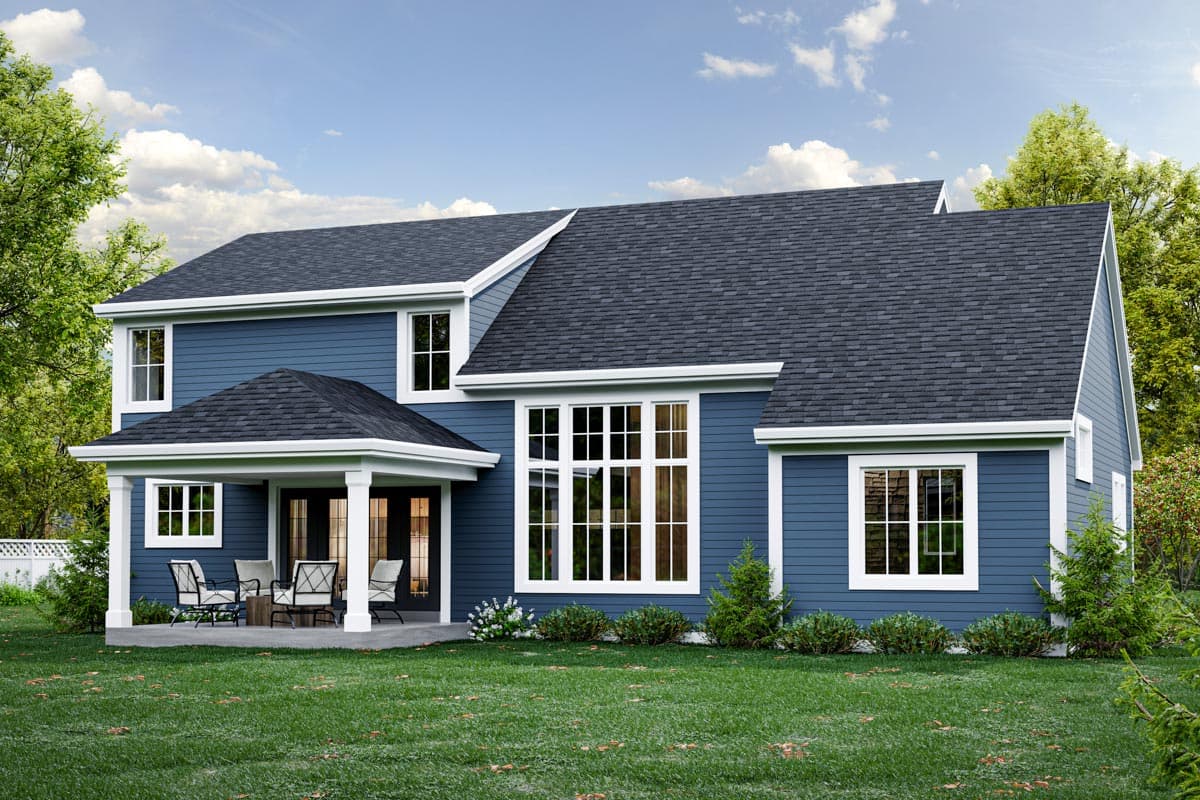 House plan exterior, two stories, blue siding, covered porch with columns, and a large grid window.