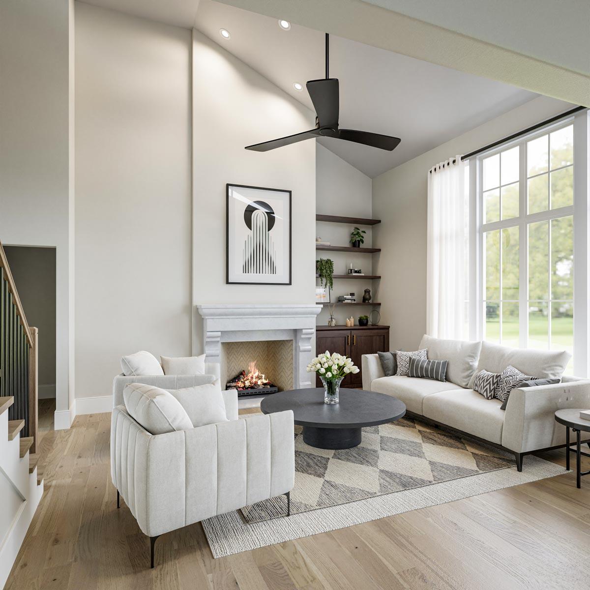 Great room with vaulted ceiling, fireplace, built-in shelving, and large windows.