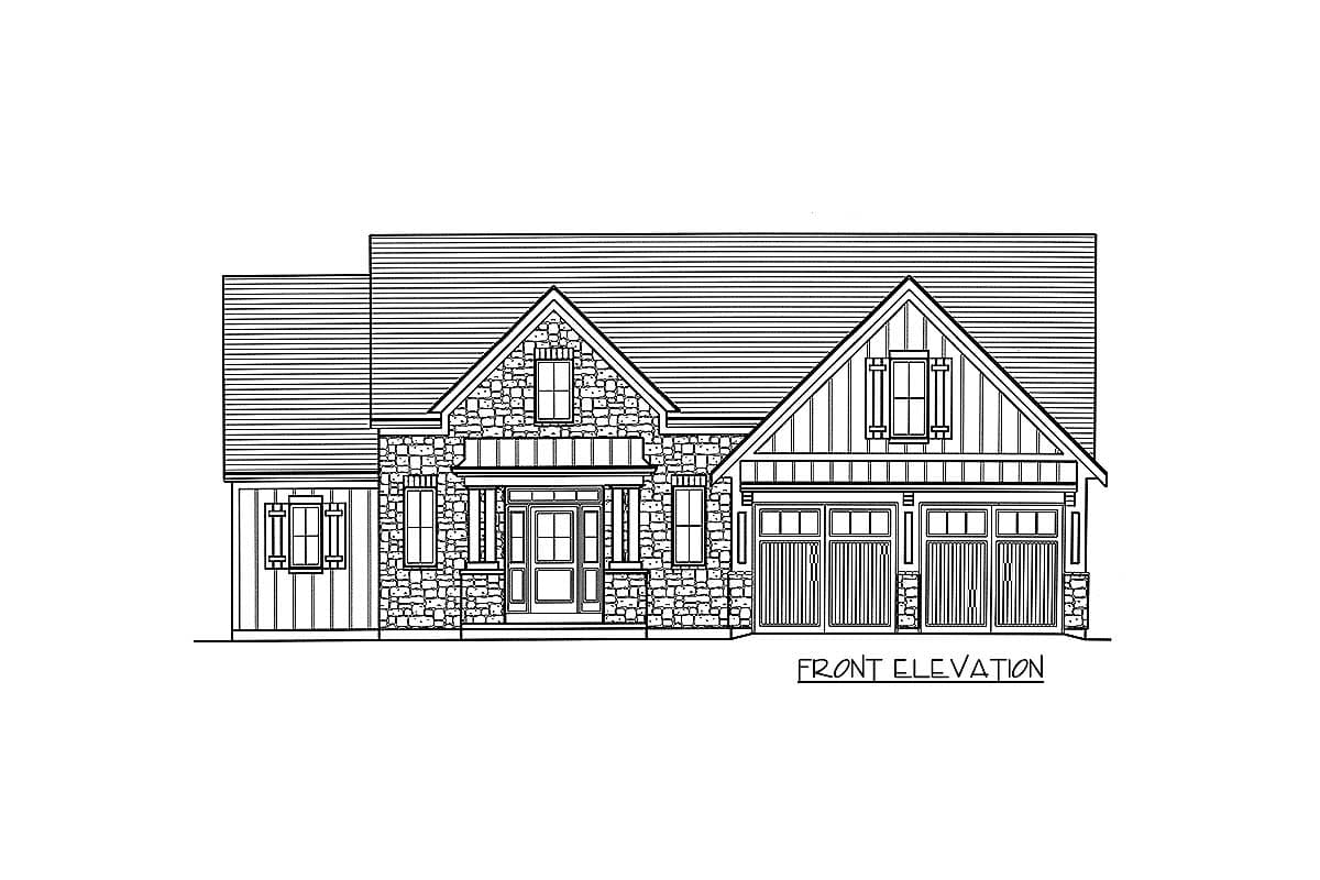 Front elevation drawing of a two-story house plan with stone and board-and-batten siding, a prominent gable, and a three-car garage.