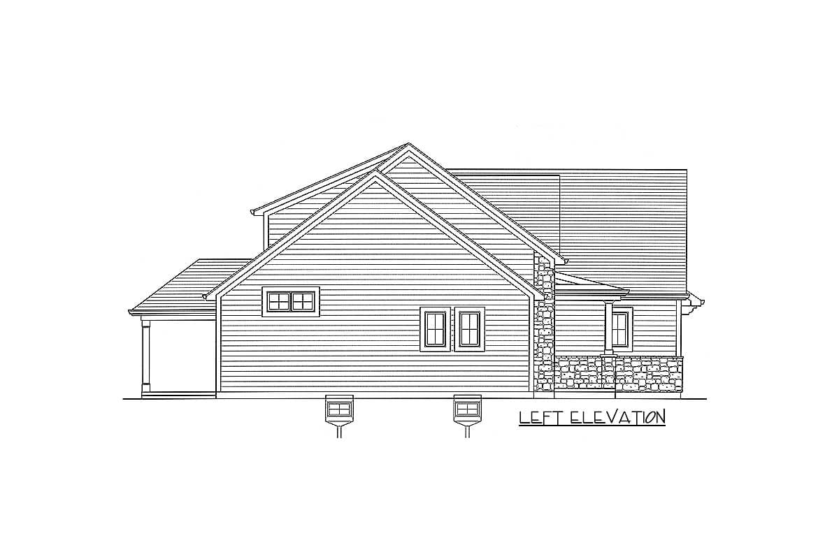 House plan left elevation showing gabled rooflines, siding, stone foundation, and attached porch.