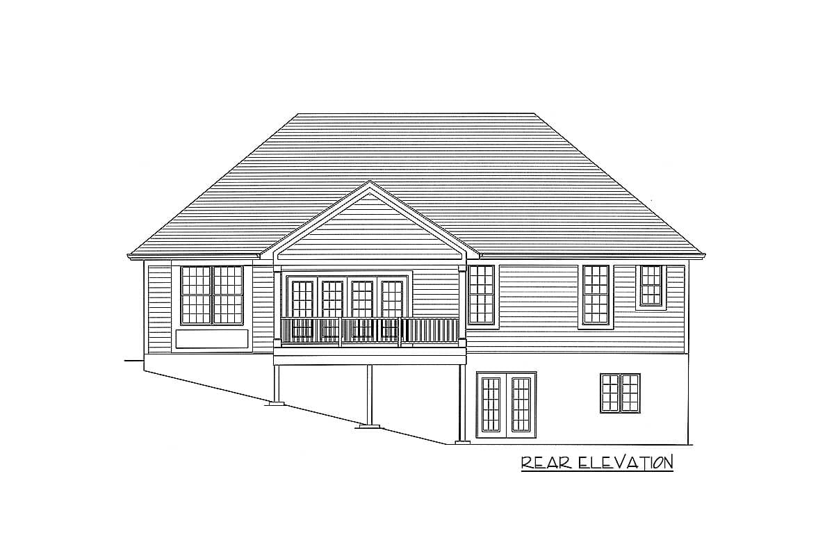 Rear elevation drawing showing a house plan with a central gable, double doors opening to a deck, and a basement level with windows.