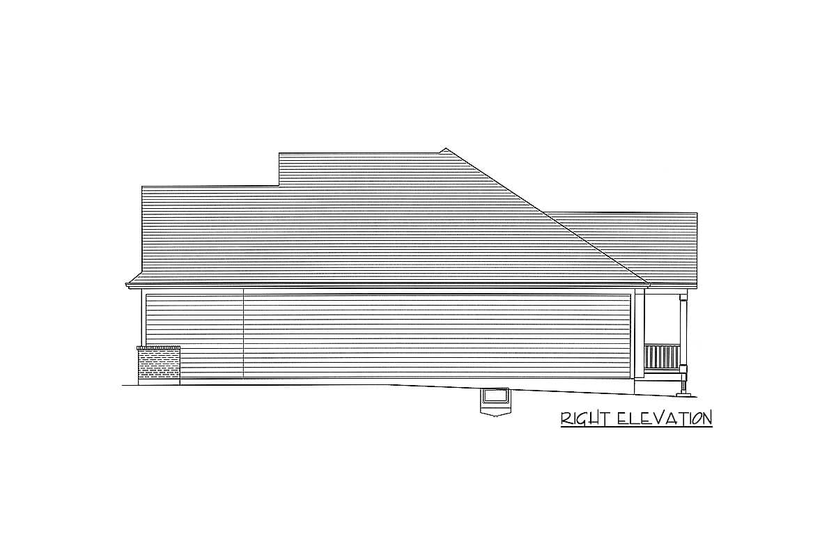 House plan right elevation showing a two-story structure with a pitched roof, garage door, and covered porch with columns.