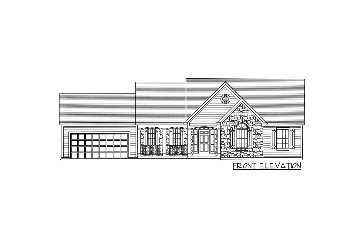 Front elevation house plan with a two-car garage, covered porch, stone-clad gable, and arched window.