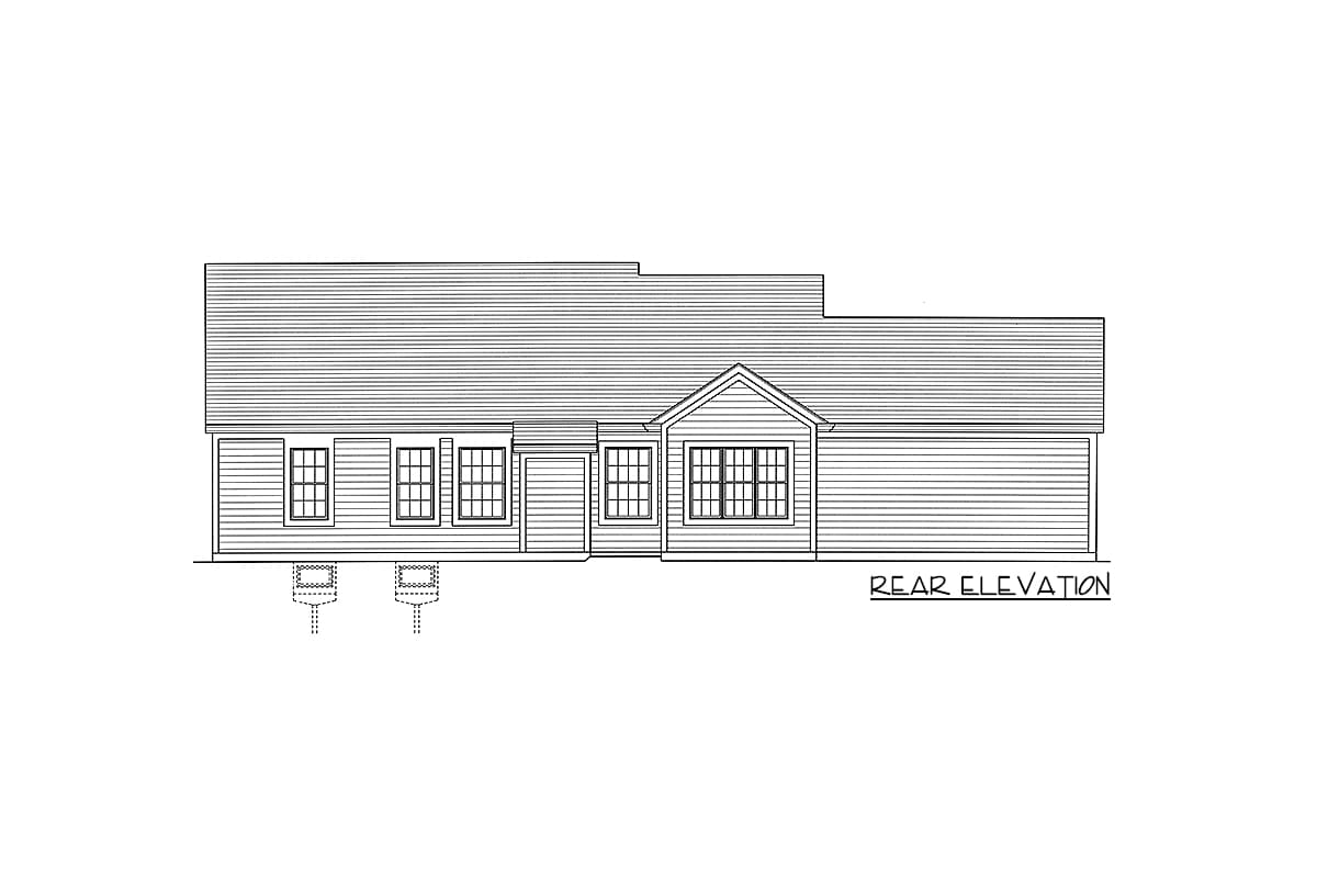 Rear elevation drawing of a one-story house plan with a gable dormer, multiple windows, and an attached garage.