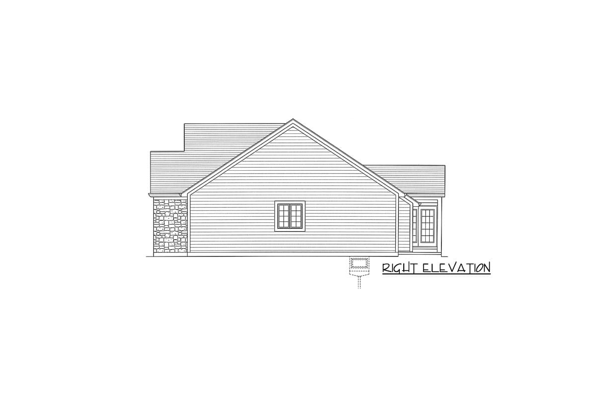 House plan right elevation drawing with stone accents, a gable roof, a window, and a door.