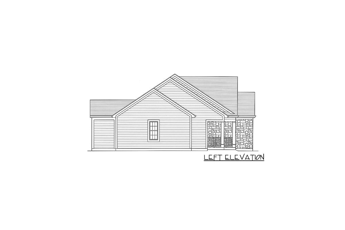 House plan left elevation showing a one-story home with a gabled roof, vinyl siding, a covered porch with stone accents, and an attached garage.
