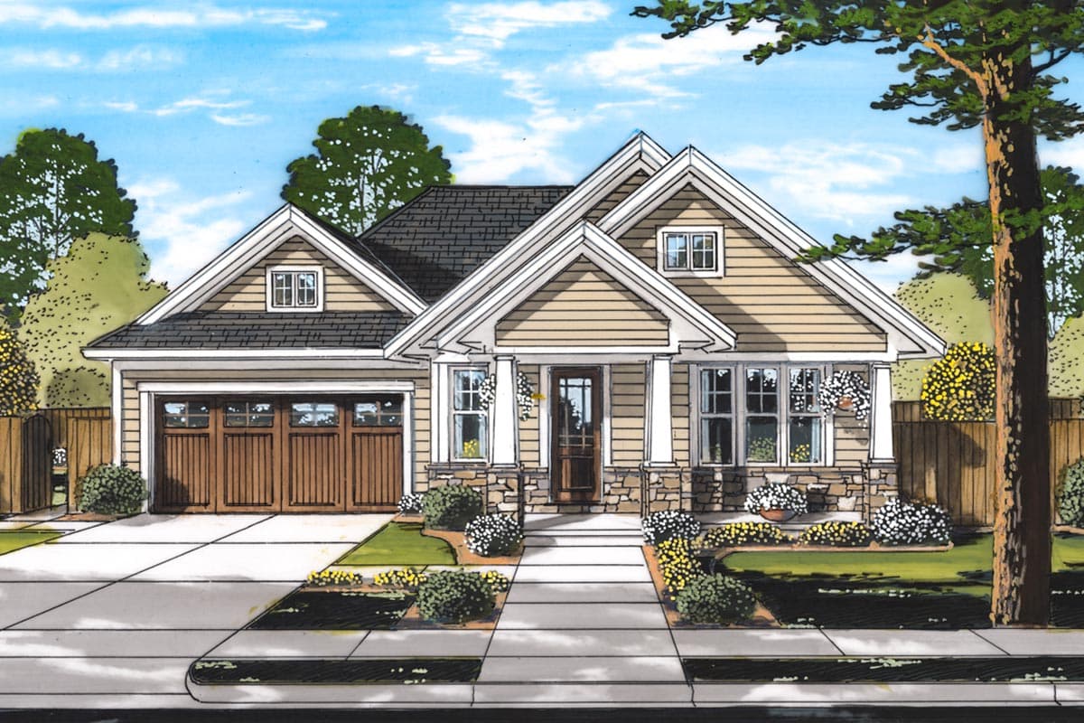 House plan exterior. Craftsman style, one story home with gabled roof, front porch with columns, and attached garage.