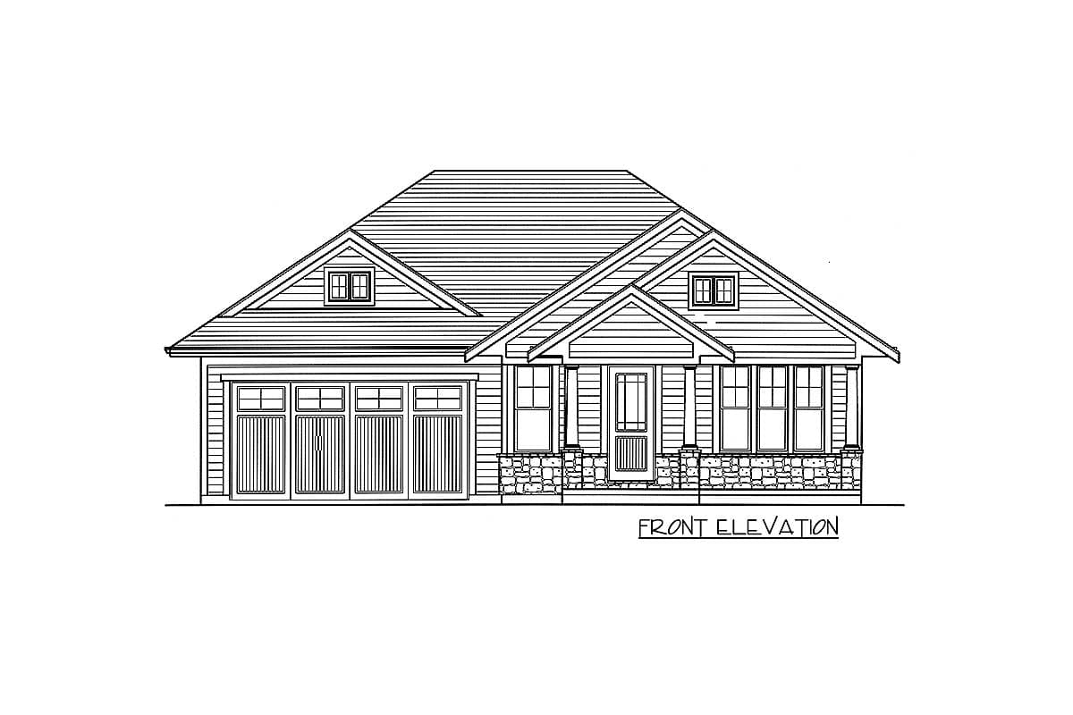 Front elevation house plan drawing showing a one-story home with a gabled roof, dormers, attached garage, and covered porch.