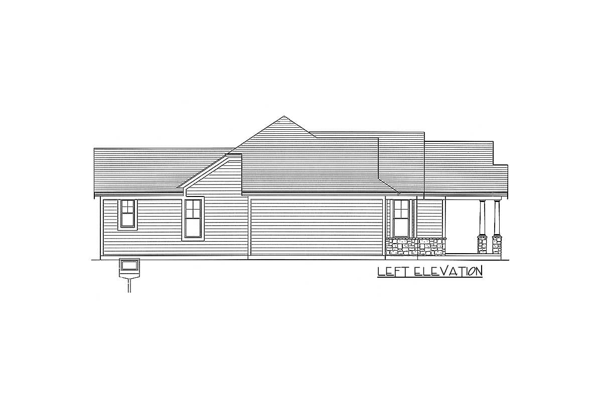 Left elevation drawing of a single-story house with siding, stone base, porch with columns, and gabled rooflines.