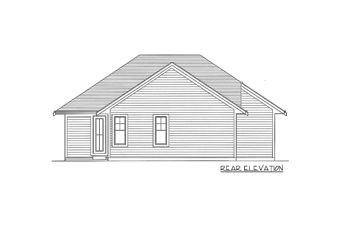 Rear elevation drawing of a house with vinyl siding, a gable roof, and two windows.