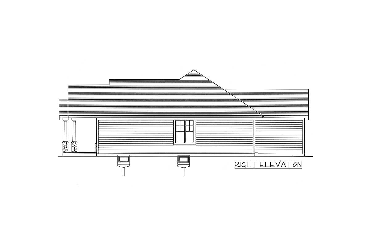 Right elevation house plan with a covered porch, gable roofline, and horizontal siding.