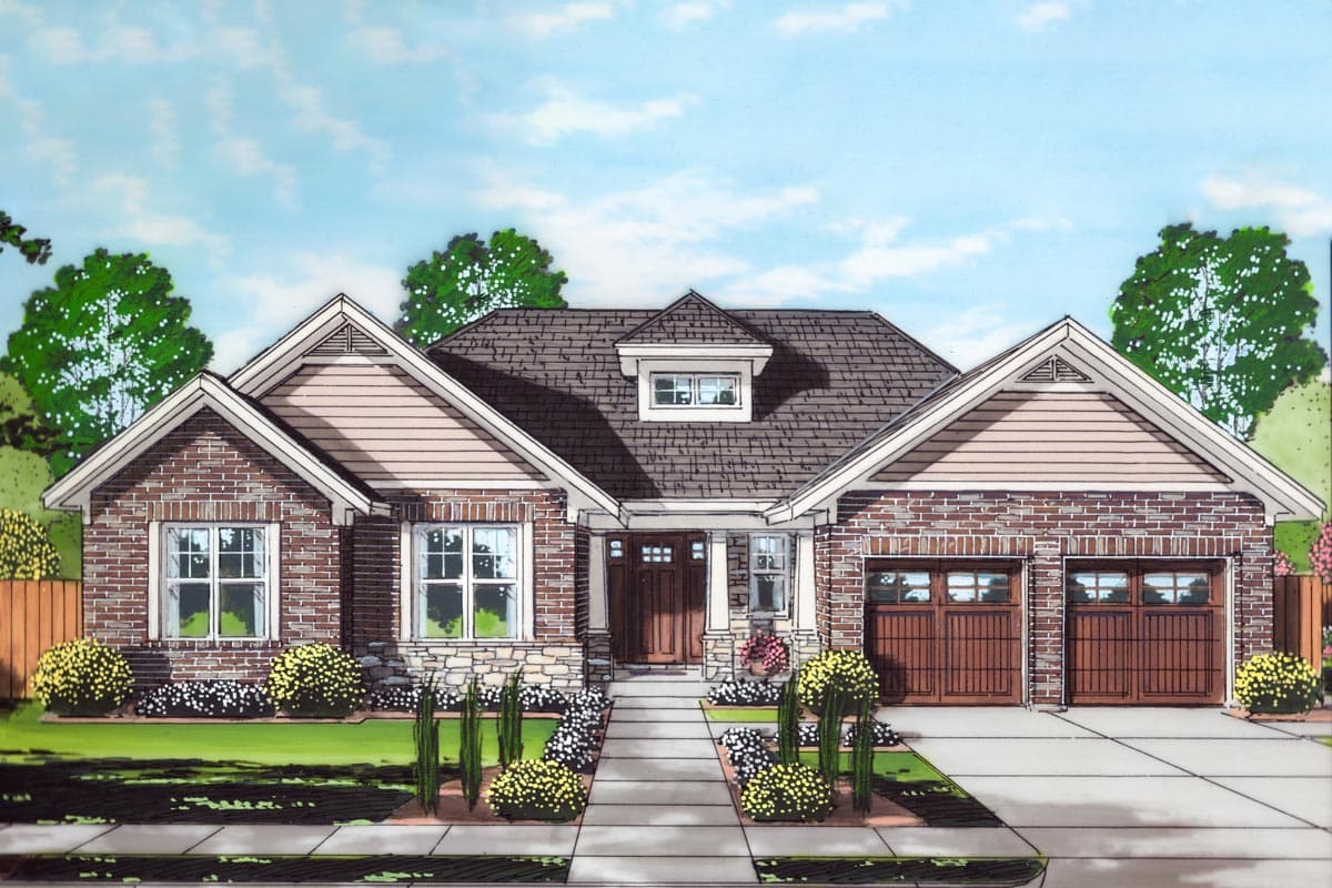 House plan exterior rendering. One-story Ranch style home with gabled rooflines, dormers, brick veneer, and a two-car garage.