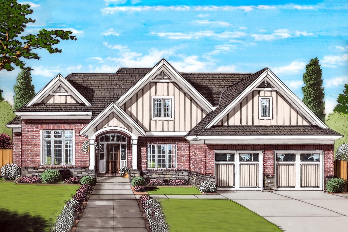 House plan exterior rendering. Features include brick facade, gabled roof with dormers, and attached two-car garage. Craftsman style evident.