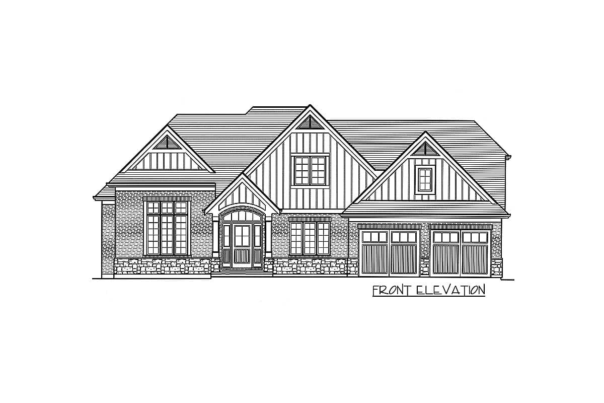 Front elevation drawing of a two-story house with a prominent gabled entrance, stone base, and a three-car garage.