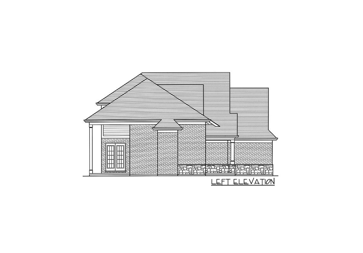 Left elevation drawing of a house plan featuring brick and stone accents, multiple rooflines, and double doors.