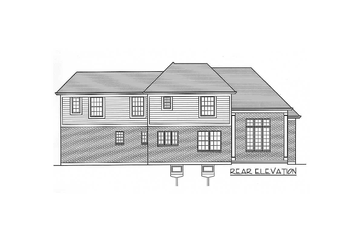Rear elevation drawing of a two-story house with horizontal siding and brick lower level, featuring multiple windows and a prominent roofline.