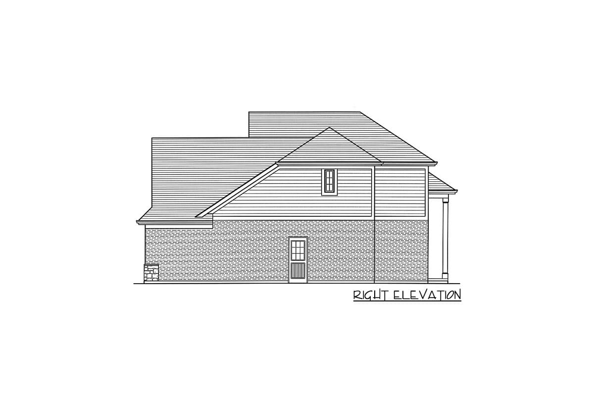 House plan right elevation drawing showing brick foundation, siding, a prominent gable, and a pitched roof.