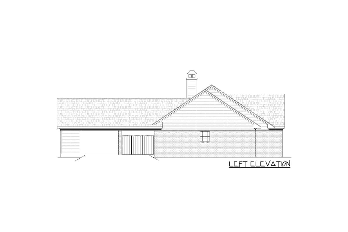 Left elevation drawing of a one-story house plan with brick facade, gabled roof, chimney, and attached garage.