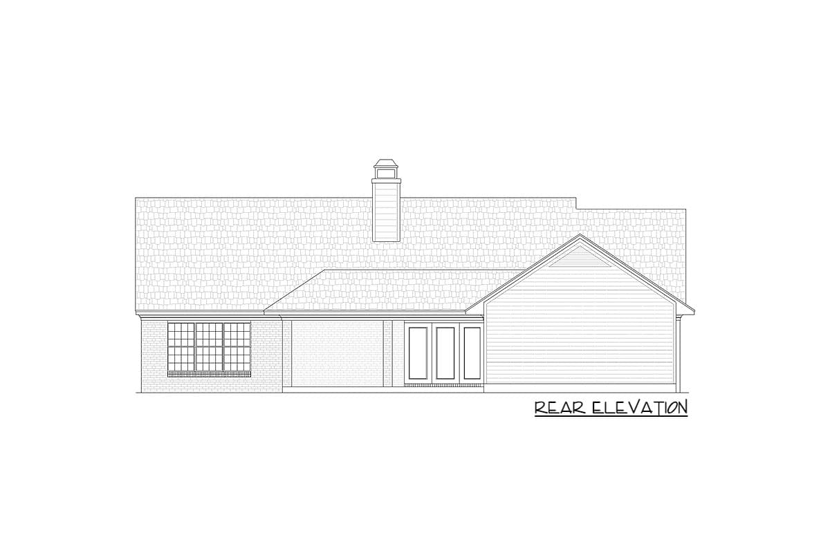 Rear elevation of a house plan. Features include a brick facade, a large grid window, three doors, a chimney, and varied rooflines.