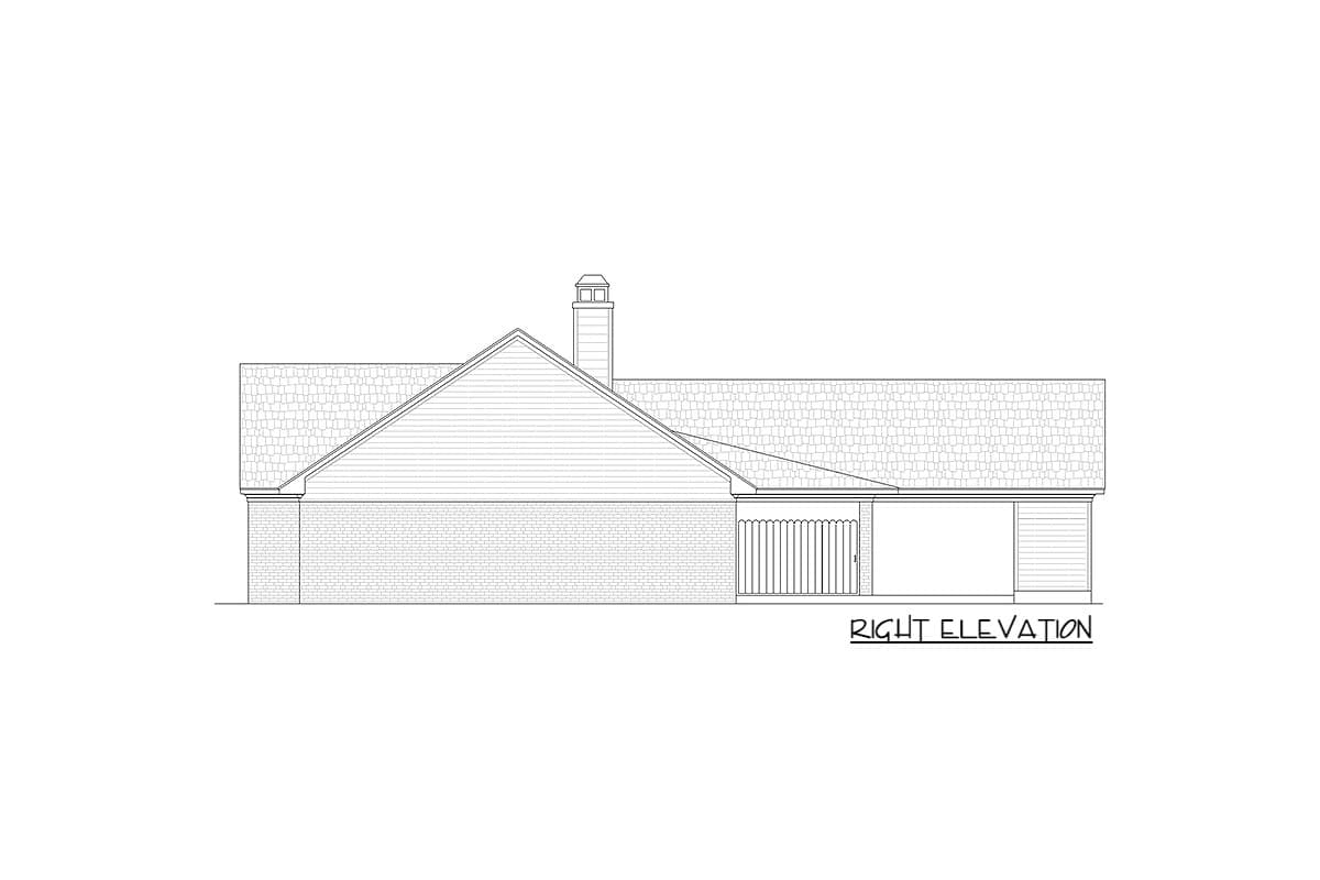 Right elevation drawing of a house plan showing brick and siding, a gable roof, and a chimney.