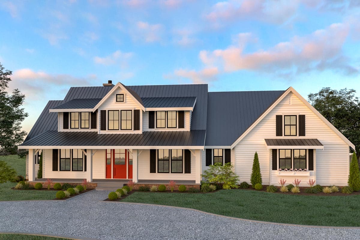 House plan exterior. Two-story Modern Farmhouse with gables, dormers, and a covered porch. Features black shutters and a metal roof.