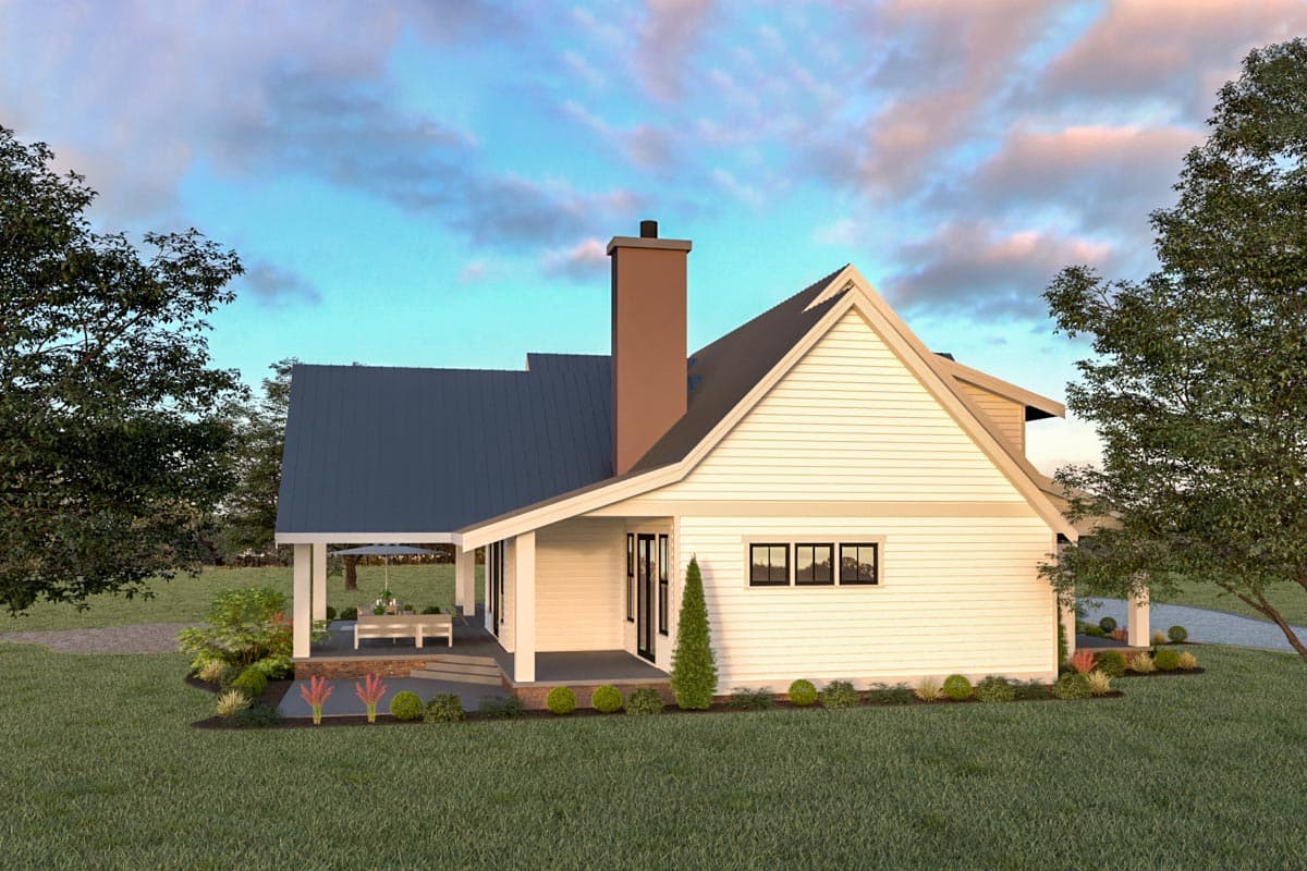Modern Farmhouse house plan exterior, one story, with covered porch, gabled roof, and prominent chimney.
