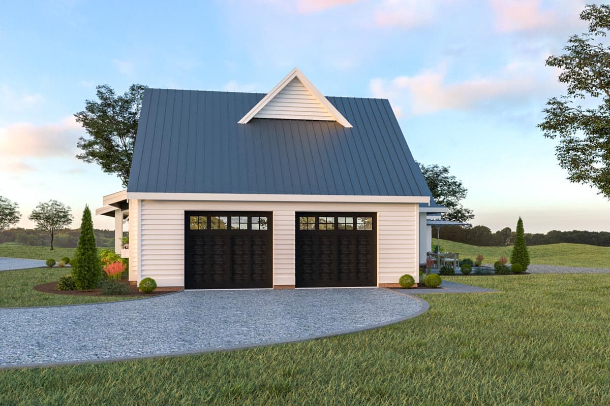 Modern Farmhouse house plan exterior with white siding, a metal roof, and a two-car garage with black paneled doors.