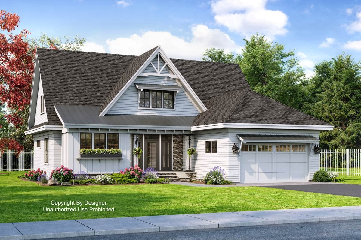 Modern Farmhouse house plan exterior with a two-story gambrel roof, prominent gable with decorative trim, and attached two-car garage.