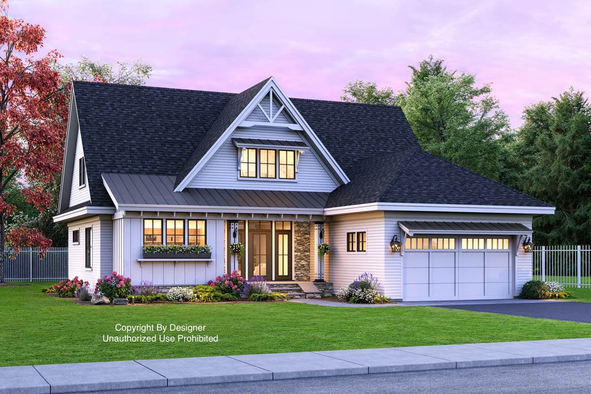 House plan exterior. Modern Farmhouse style with two stories, gabled roof, covered porch, and attached garage. Includes dormers and decorative trim.