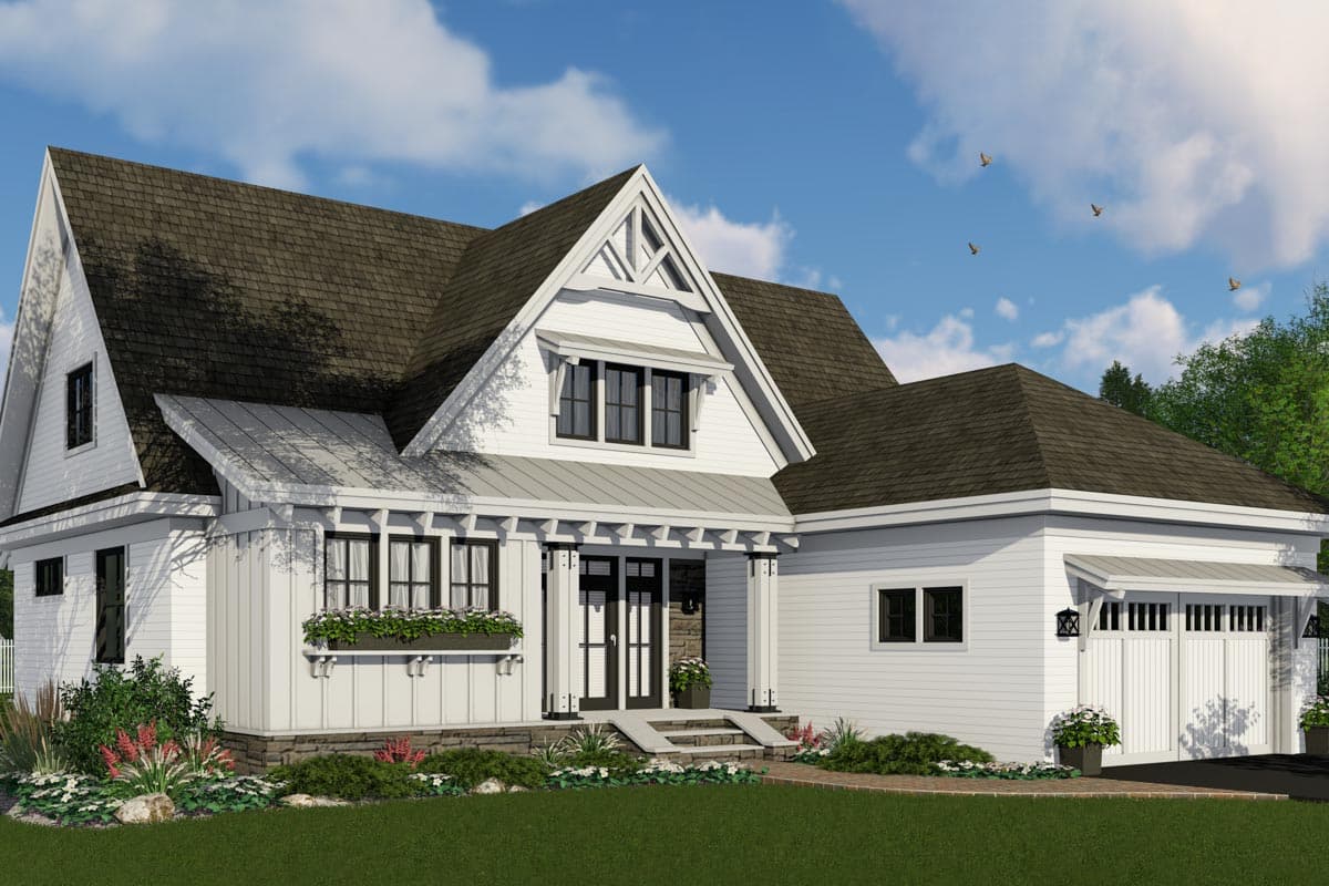 House plan exterior of a two-story Modern Farmhouse with a covered porch, gables, dormers, and a side-entry garage.