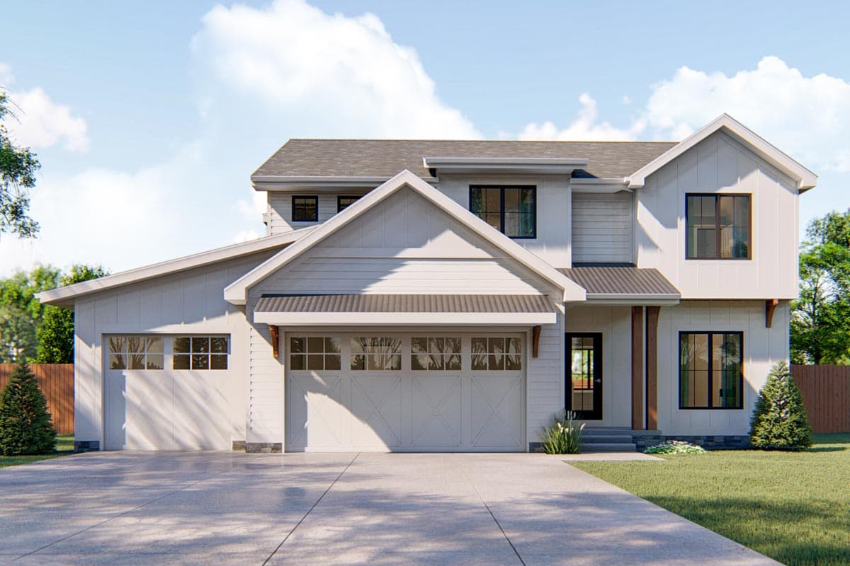 House plan exterior with two stories, board and batten siding, multiple gables, and a two-car garage. A small covered porch is present.
