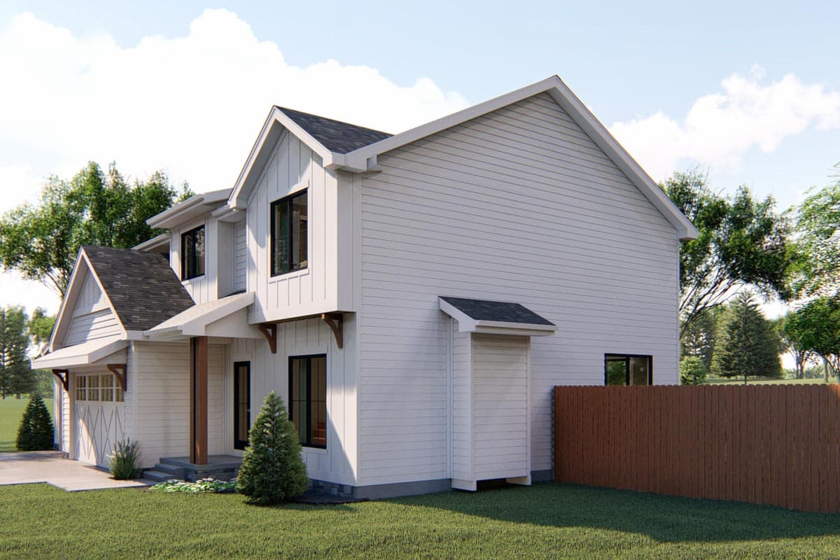 Modern Farmhouse style house plan exterior, two stories, with board and batten siding, gables, and a side-entry garage.