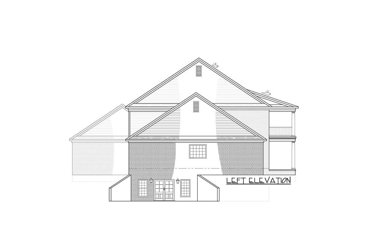 Left elevation house plan drawing shows a two-story brick structure with gabled rooflines, double doors, and a second-story balcony.