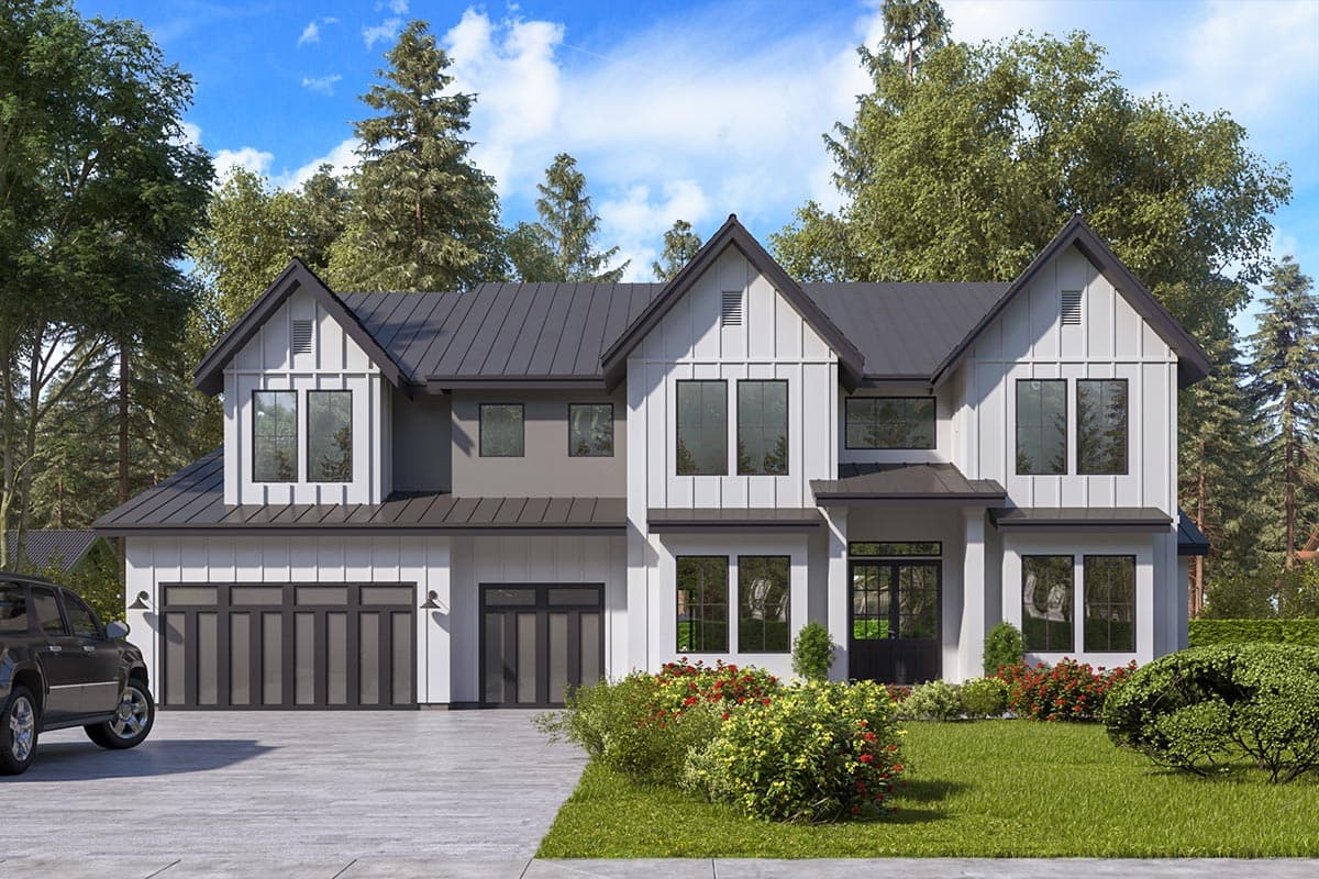 House plan exterior. Two-story Modern Farmhouse with gables, board and batten siding, and a two-car garage. Features large windows and dark roof.