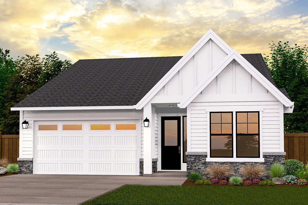 House plan exterior rendering. Features a one-story Modern Farmhouse style with a gable roof, covered entry, and attached garage.