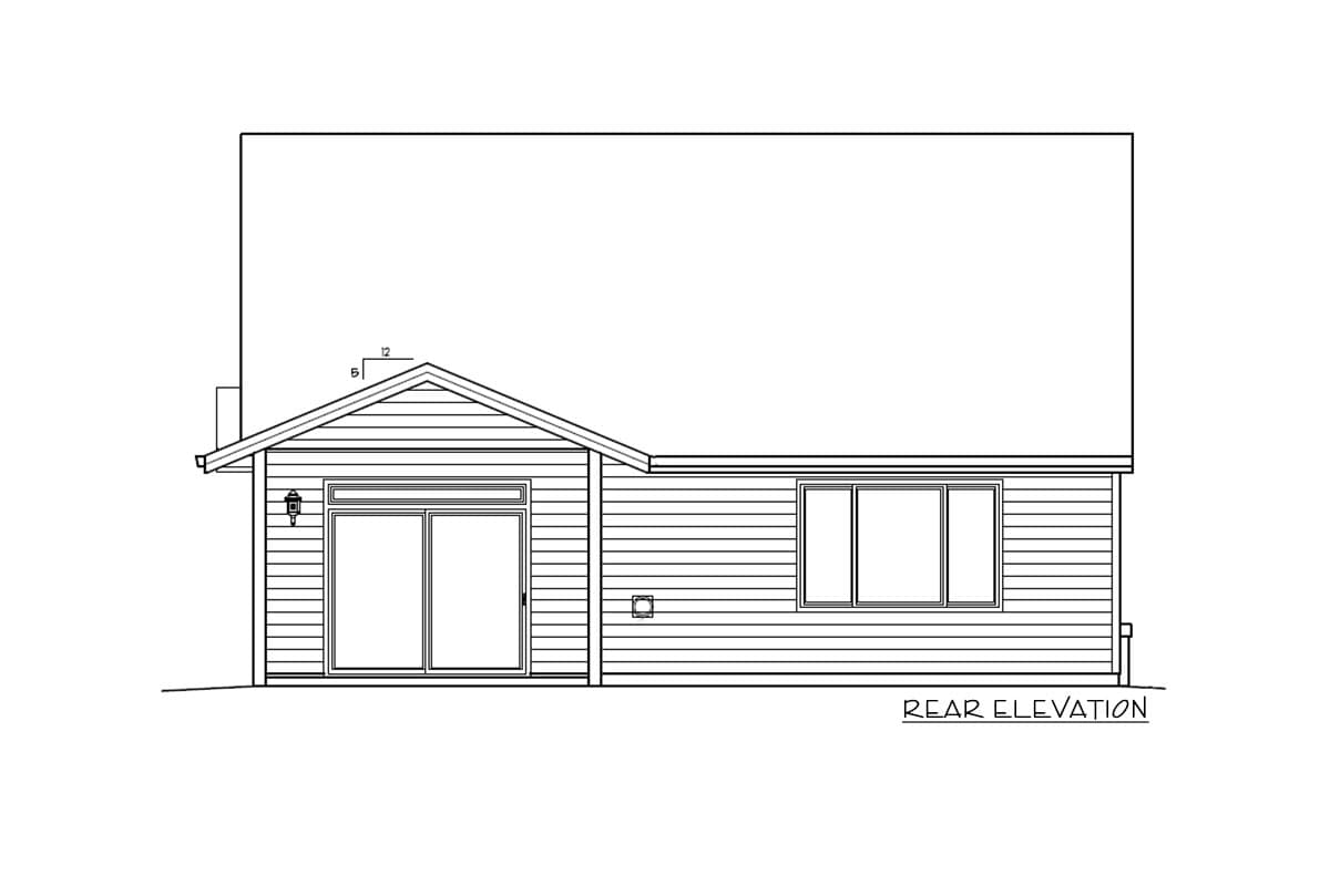 Rear elevation drawing shows horizontal siding, a gable section with sliding doors, and two windows.