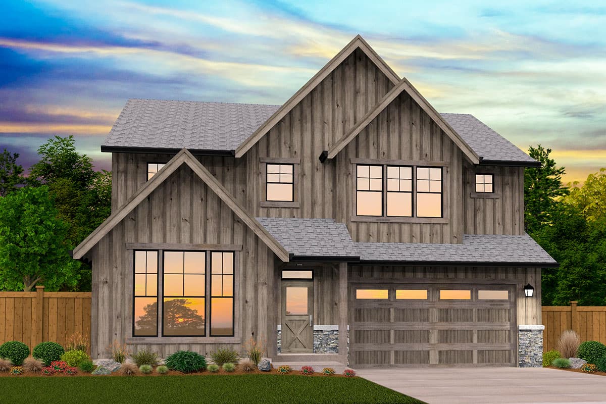 Modern Farmhouse house plan exterior with board and batten siding, prominent gables, and a two-car garage.