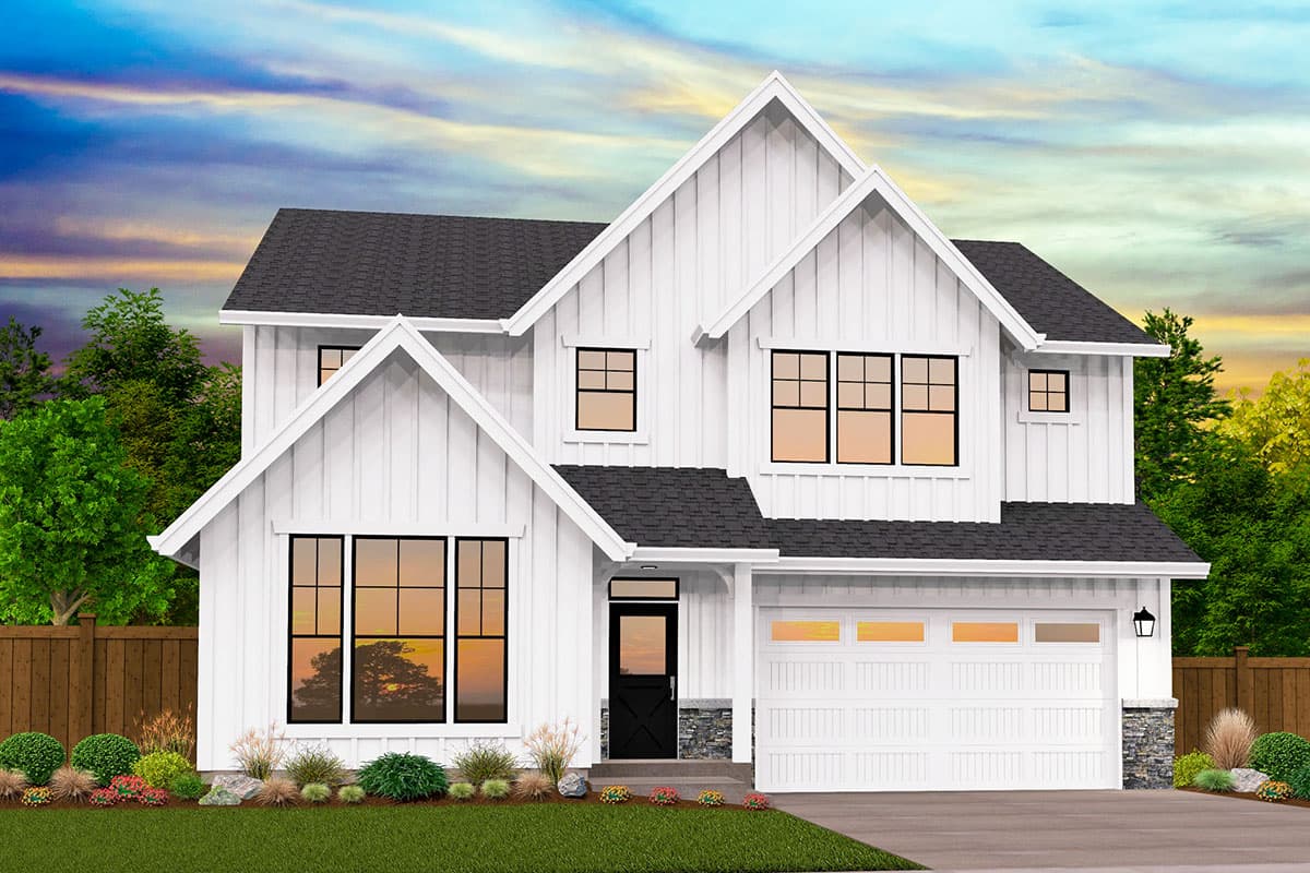 Modern Farmhouse house plan exterior, two stories, white board and batten siding, gables, prominent front-facing windows, and attached garage.
