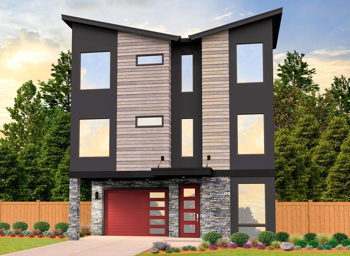 House plan exterior. Modern style, three-story home. Features include a flat roof, mixed siding, and a red garage door.