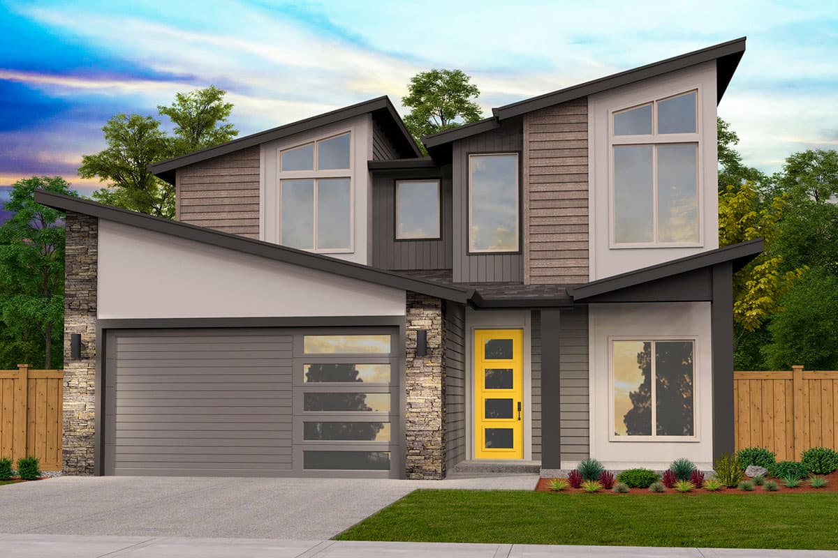House plan exterior. Modern style, two-story home with asymmetrical gables, stone veneer accent, and a garage door with windows.