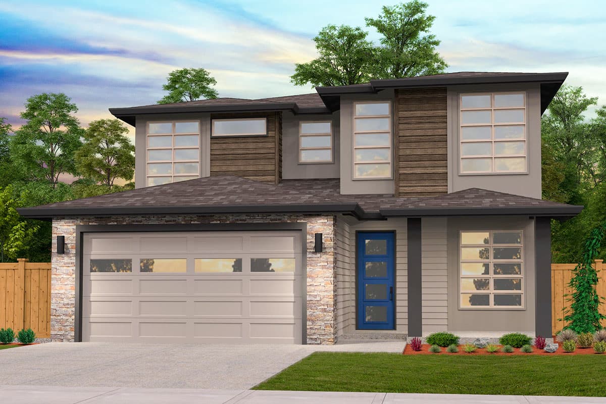 House plan exterior. Modern style, two-story home with a two-car garage, multiple gables, and a mix of siding and wood accents.