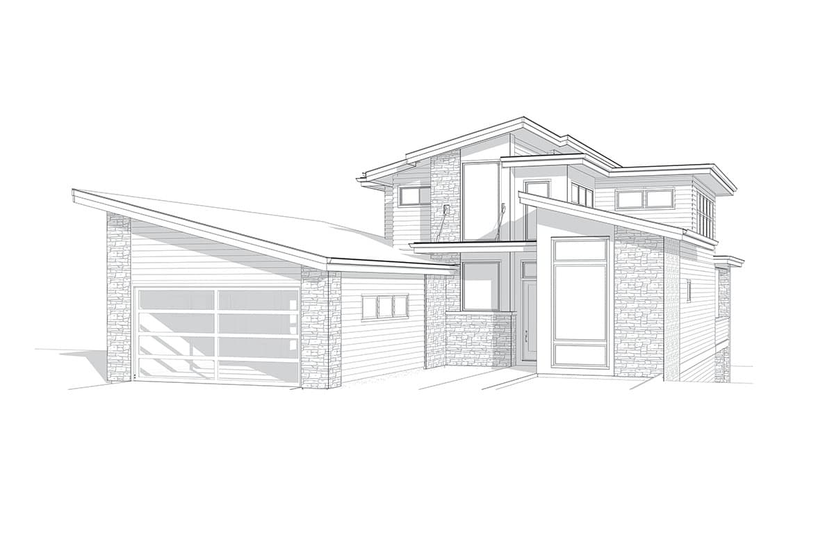 Modern house plan exterior with angled rooflines, stone accents, and multi-pane garage door.