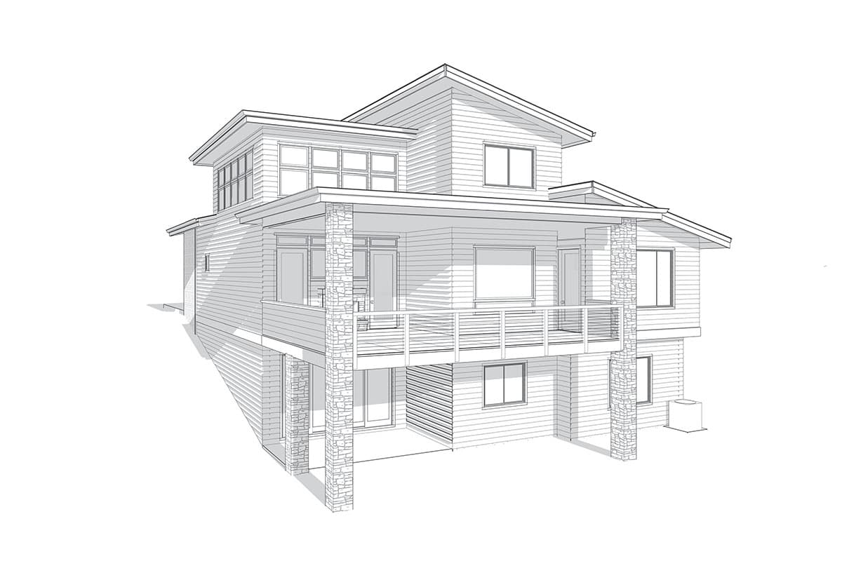 House plan exterior: Three-story contemporary design with horizontal siding, a cantilevered upper level, and stone-clad porch supports.